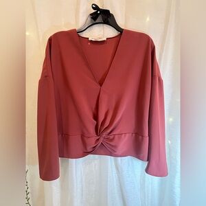 Amanda Uprichard Cropped Long Sleeve V-Neck Twist Front - Cark Mauve - Med